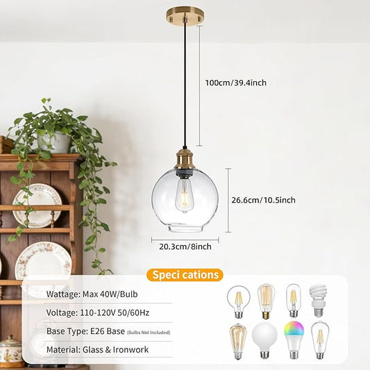 Modern Globe Pendant Light, 8 Inch Clear Glass Hanging Lamp with Brushed Gold Finish, Adjustable Cord Ceiling Fixture for Kitchen Island Dining Room Sink, E26 Base