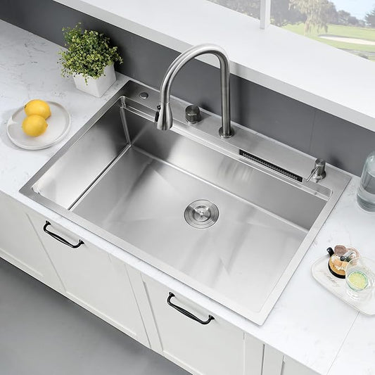 33x22 Waterfall Kitchen Sink with Faucet Combo - 33x22 Drop In Kitchen Sink and Faucet Combo Set,16 Gauge Stainless Steel Waterfall Sink, 10" Deep Single Bowl Workstation Sinks with Accessories