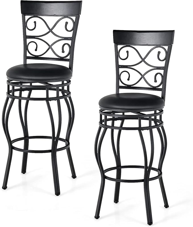 WATERJOY Retro Bar Chairs Set of 2, 360 Degree Swivel Padded Bar Stools Leather Seat Bistro Dining Kitchen Pub Metal Chairs