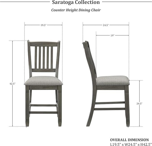 Lexicon Counter Height Stools Set of 2 - Saratoga Kitchen Counter Stools Upholstered Foam Padded Seat, Slat Back, Solid Wood Frame, Farmhouse Rustic Chair, Easy Assembly, 24.5" SH, Antique Grey