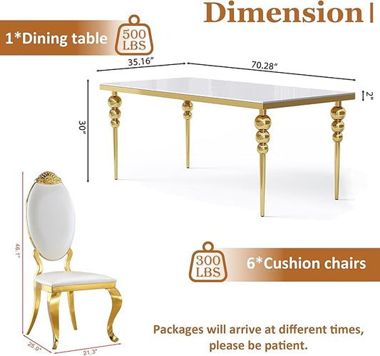 Glass Dining Table Set for 6 People, 7 Piece Dining Table Set with 70" White Glass Kitchen Table and 6 White Carved Back Chairs, for Living Room, Restaurant, Large Party