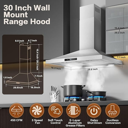 Range Hood 30 inch Stainless Steel, Wall Mount kitchen Hood Ducted/Ductless Convertible, Vent Hood w/ 3 Speeds, Touch Control, 5-Layer Mesh Filters, Energy-Saving LED Lights