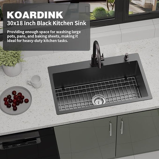 Black Kitchen Sink, 30x18 Inch Stainless Steel Drop In Modern Single Bowl Topmount Kitchen Sink Combo-SS Grid,Silicon Mat,Drain Strainer Set Compatibility With Various Kitchen&Bar Style
