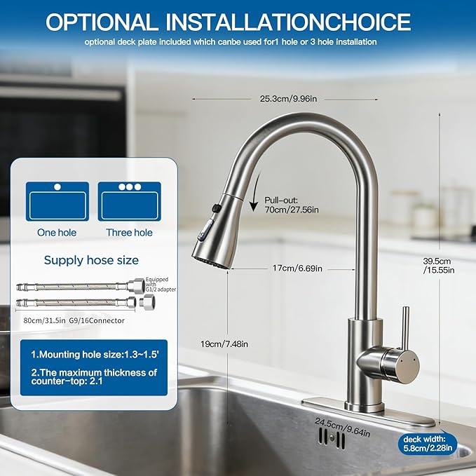 Kitchen Faucet with Pull Down Sprayer,Brushed Nickel, Kitchen Sink Faucet,High Arc Single Handle Classic Stainless Steel Sink Faucet,1 or 3 Hole,Suitable for Farmhouse Camper Laundry Rv Bar