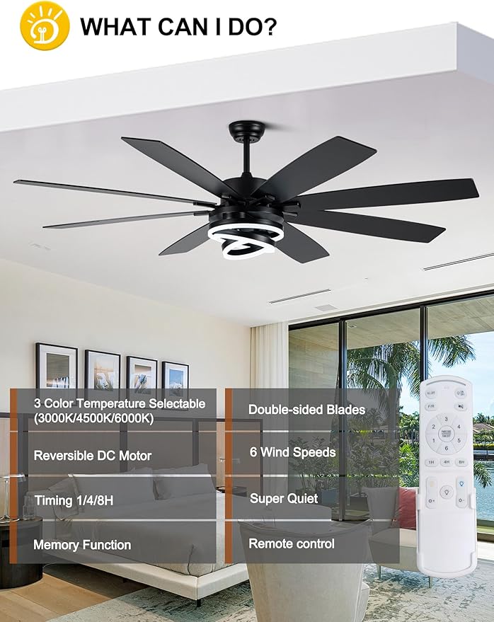 Black 72 Inch Ceiling Fans with Lights and Remote Reversible Quiet DC Motor 6 Speed LED Big Large Modern Chandelier Ceiling Fans for Living Room Bedroom