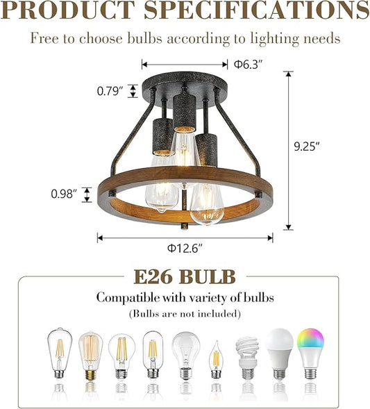 Retro Industrial Flush Mount Ceiling Light Fixture with Wood Circle Shade 3-Light Rustic Black Ceiling Light for Hallyway Entryway Bedroom Kitchen Sink