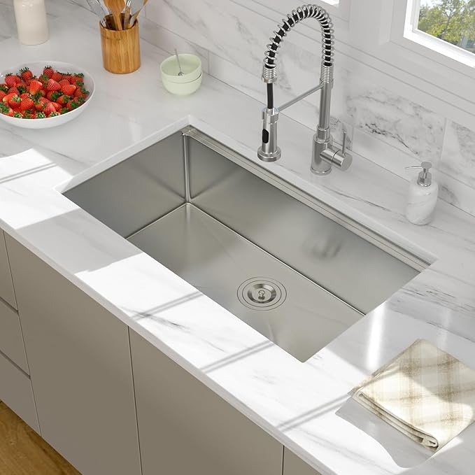Undermount Kitchen Sink 33 Inch Single Bowl - Beslend Heavy-Duty 16 Gauge Stainless Steel Workstation, 10 Inch Deep Ledge Basin with Customized Accessories for Home Kitchen/Renovation