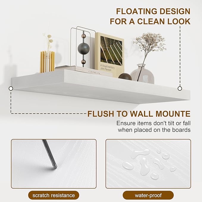 Fun Memories 72 Inch Floating Shelves for Wall, 8 Inch Deep Floating Shelf, Large Shelves with Invisible Bracket for Books|Storage, Rustic Wood Wall Shelf for Bedroom, Kitchen, Living Room, White