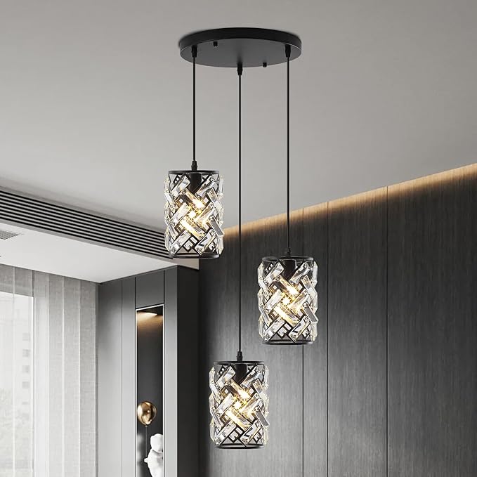 Pendant Lights Kitchen Island, Black Crystal Chandelier Pendant Lighting 3 Light, Adjustable Modern Kitchen Island Lights Ceiling Hanging Cluster Pendant Light Fixture for Dining Room Entryway Foyer