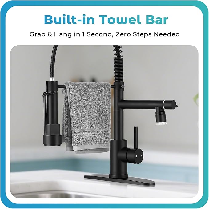LED Kitchen Faucet with Pull Down Sprayer - Matte Black Single Handle Commercial Kitchen Faucets, 2-Spout Kitchen Sink Faucet, Stainless Steel Spring Pull Out Sink Faucet 1/3 Hole