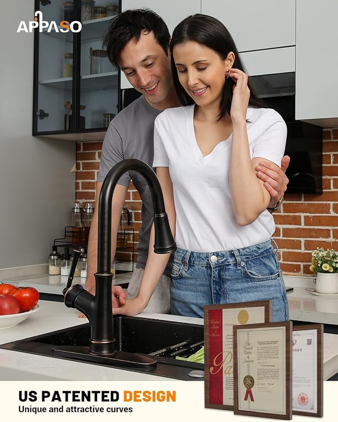 APPASO Oil Rubbed Bronze Kitchen Faucet with Pull Down Sprayer, Antique Bronze Single-Handle High Arc Single Hole, cUPC-Certified Pull-Out Hose, Water Supplies and Valve Core