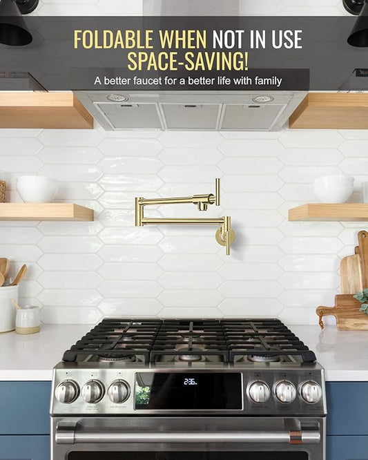 WOWOW Pot Filler Faucet Polished Brass, Kitchen Pot Filler Wall Mount Stove Faucet with Double Joint Swing Arms