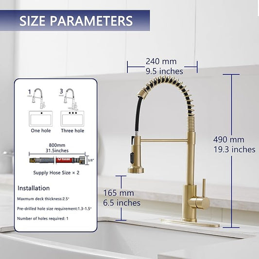 VOTON Kitchen Faucets with Pull Out Sprayer Commercial Spring Sink Faucet Stainless Steel Brushed Gold Pull Down Single Handle Farmhouse faucets with Deck Plate for Camper Laundry Utility Rv Wet Bar