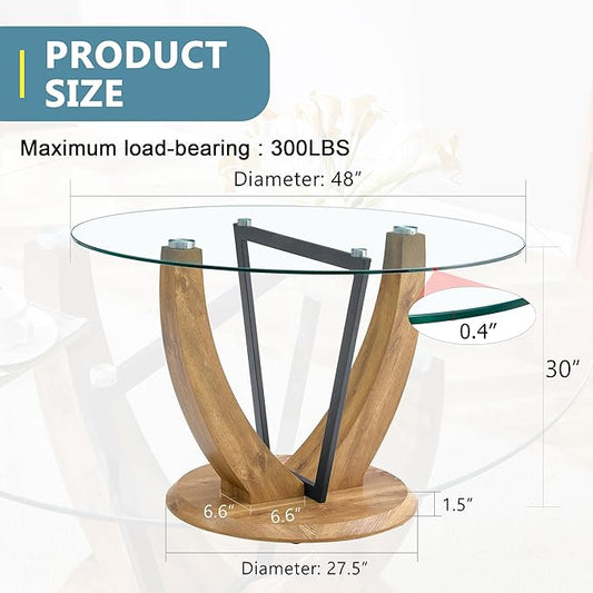 JUFU Round Dining Table for 4/6, 48 Inch Dining Room Table, Wood Small Kitchen Table with Stable Pedestal, Modern Glass Dining Table for Kitchen,Living Room,Apartment,Restaurant