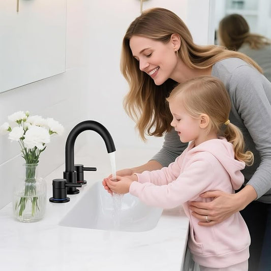 Bathroom Faucet 3 Hole, Matte Black Bathroom Sink Faucet with Pop Up Drain, 8 inch Widespread Bathroom Faucet with 360° Swivel Spout, 2 Handle Vanity Faucet with Water Supply Hoses