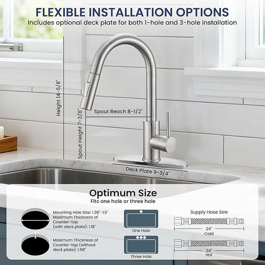 KPW Kitchen Faucet with Pull-Down Sprayer, Brushed Nickel, High-Arc Single Handle, Stainless Steel, Fits 1 or 3 Hole Sink