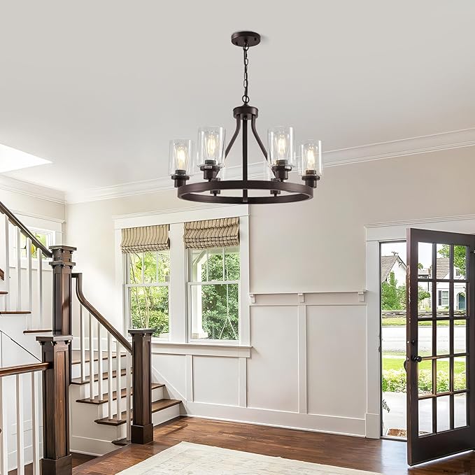 Lanhall 6-Light Farmhose Chandelier for Dining Room Light Fixture Oil Rubbed Bronze Kitchen Pendant Light Round Rustic Ceiling Hanging Lighting with Glass Globes Adjustable Height Metal E26
