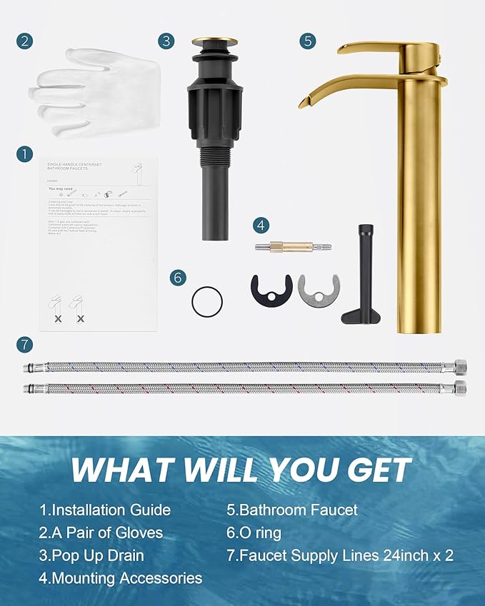 Vessel Sink Faucet Gold for Bathroom:WOWOW Single Handle Tall Bathroom Faucet - Waterfall Single Hole Mixer Bar Tap with Large Rectangular Spout, Deck Mount Lavatory Vanity with Pop Up Drain