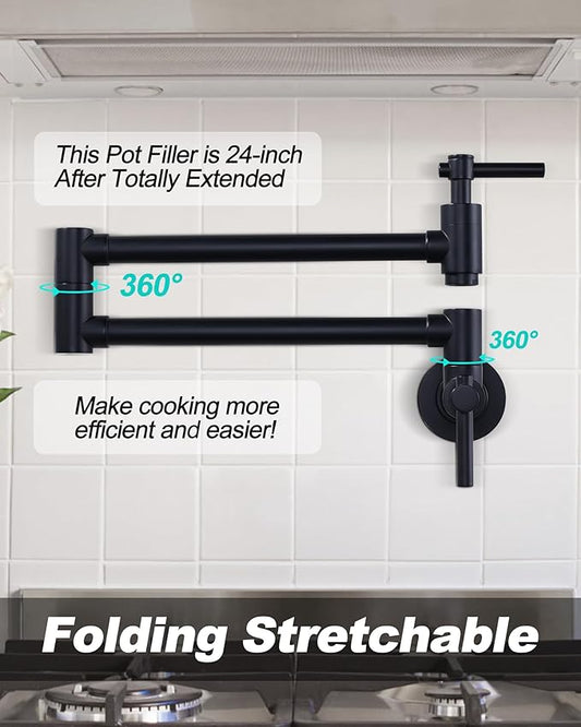 Pot Filler Faucet Wall Mount, Folding Kitchen Faucet with Double Joint Swing Arm, Single Hole Stretchable Brass Faucet with 2 Handles, Black Pot Filler Above Stove
