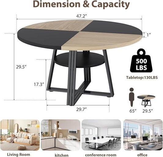 47 Inch Round Dining Table for 4-6, Modern Farmhouse Circle Kitchen Table with Storage Shelf, Metal Cross Base & Adjustable Feet for Dining Room, Apartment, Small Space, Black & Wood