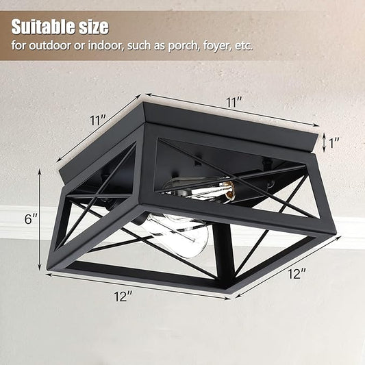 Pia Ricco Flush Mount, Modern Industrial Square Ceiling Light for Outdoor Porch, Indoor Kitchen, Hallway, Entry - Black Rustic Style, 2-Light