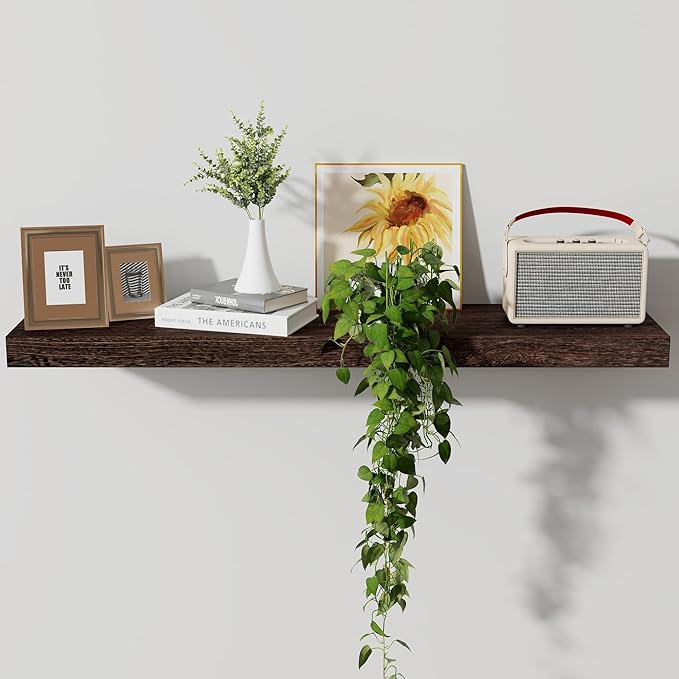Axeman Floating Shelves, 8 Inch Deep Rustic Solid Wood Wall Shelves for Storage, Wall Mounted Display Shelving with Invisible Heavy-Duty Metal Bracket, 36" W x 8" D x 1.6" H, Rustic Brown