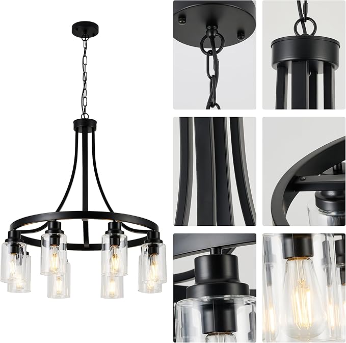 8 Light Chandeliers for Dining Room Linear Kitchen Island Lighting with Rectangular Clear Glass Shades, Modern Pendant Light Fixture Black for Kitchen Dining Room Living Room