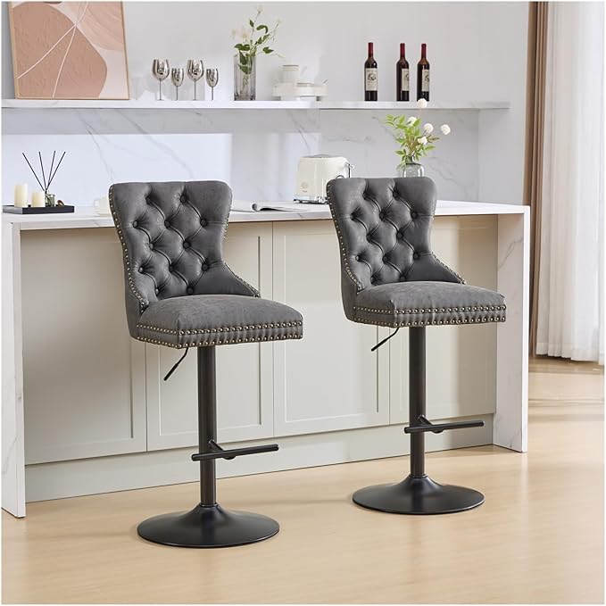 Aged and Retro PU Swivel Barstools Adjusatble Seat Height from 26-33 Inch, Modern Bar Stools with Backs Comfortable Tufted for Home Pub and Kitchen Island