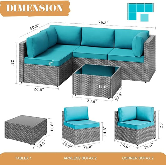 JAMFLY 5-Piece All-Season Wicker Patio Sofa Set with Thick Cushions & Coffee Table, Modular Indoor Outdoor Furniture for Poolside, Garden, Sunroom & Porch, Blue