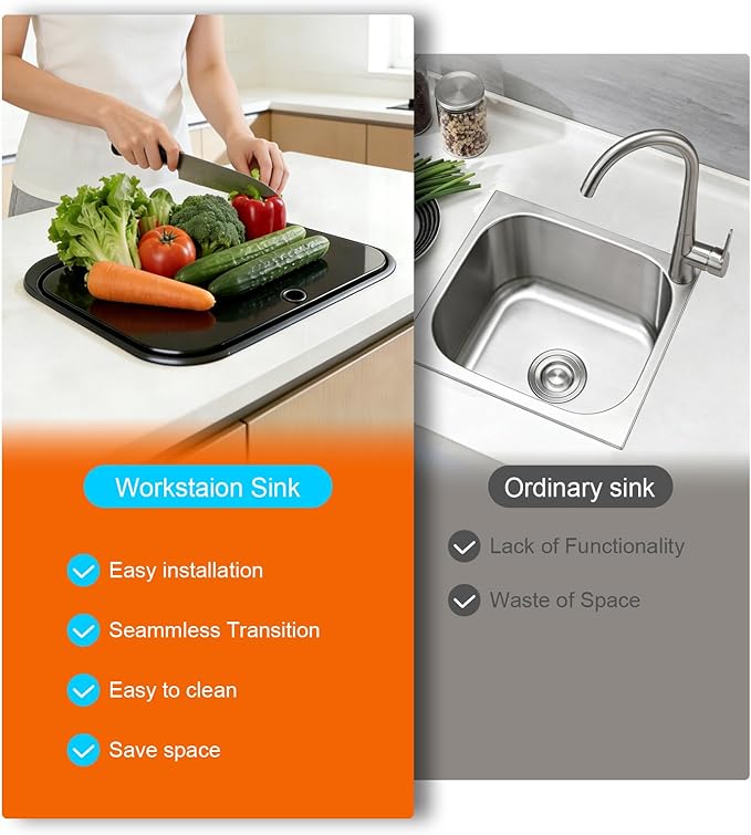 Portable RV Sink, 16.54×14.57×5.91 Inch Small Stainless Steel Bar Camping Sink with Folde Faucet and Tempered Glass Cover for Camper Trailer Caravan