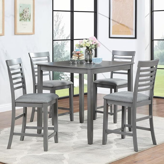 Set of 4 Dining Chairs, Wooden Kitchen Chairs with Padded Cushion, Upholstered Stools for Kitchen Island, Dining Room, Living Room, Easy Assembly (Gray - Ladder backrest)