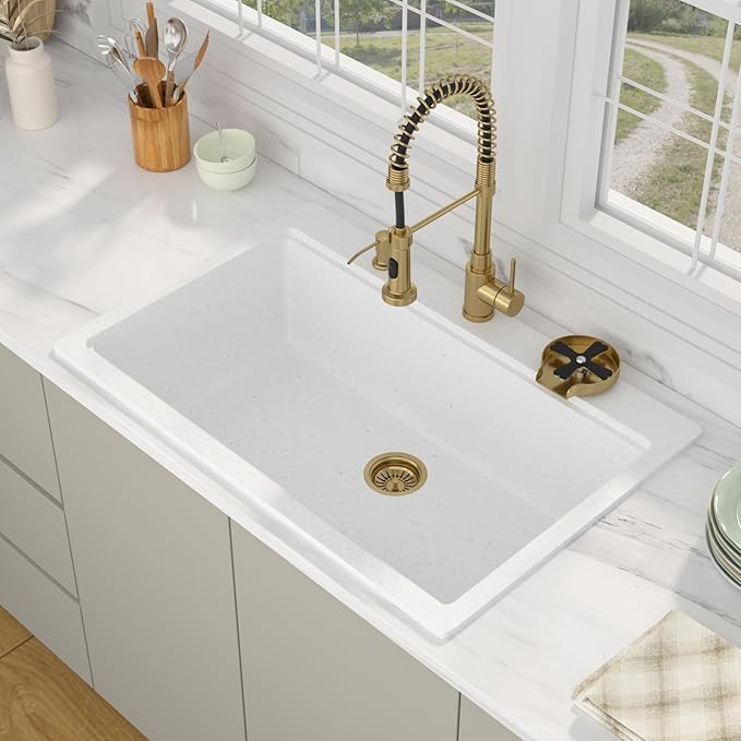 33 Granite Composite Kitchen Sink - Beslend 33x22 Drop In White Kitchen Sink with High Pressure Glass Rinser, Granite Composite Worksation White Sinks Easy Clean Quartz Basin for Kitchen Remodel