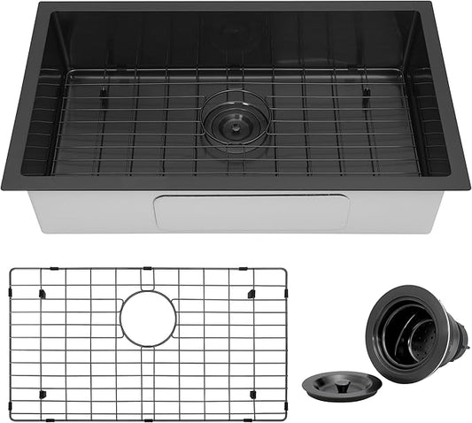 Kitsitchen Black RV Ktichen Sink, 27" x 16" x 7" Black Undermount Kitchen Sink,Stainless Steel Single Bowl Kitchen Sink with Strainer & Bottom Gird Used at RV, Outdoor and Camper
