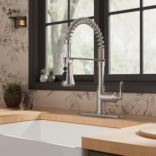 FORIOUS Rustic Kitchen Faucet with Pull Down Sprayer Brushed Nickel, 3 Modes Stainless Steel High Arc Vintage Spring Sink Faucet 1 or 3 Holes for Pot Filler, Farmhouse Camper Wet Bar
