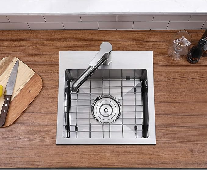 15x15 Inch Bar Sink Drop In, Topmount Kitchen Sink Stainless Steel Square Small Sinks, Single Bowl Kitchen Sinks for Laundry Wet Bar Prep RV Office Outdoor Yard with Grid & Drain