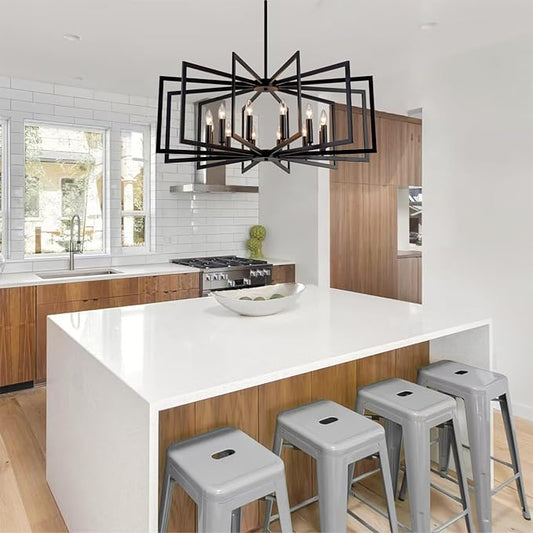 Black Chandelier for Dining Room,12-Light Dining Room Light Fixture Modern Geometric Metal Hanging Industrial Chandeliers for Entryway Kitchen Island Foyer Farmhouse Chandeliers