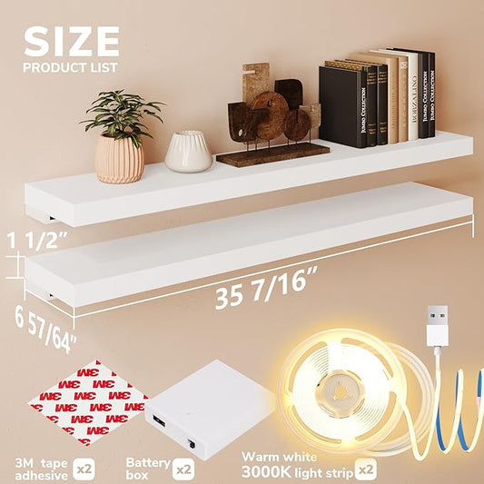 BAMEOS Floating Shelves with Lights, 35" White Wall Mounted Wood Shelves with Invisible Brackets, Set of 2, Display Wall Shelves Decoration for Bedroom, Bathroom, Living Room, Kitchen Storage