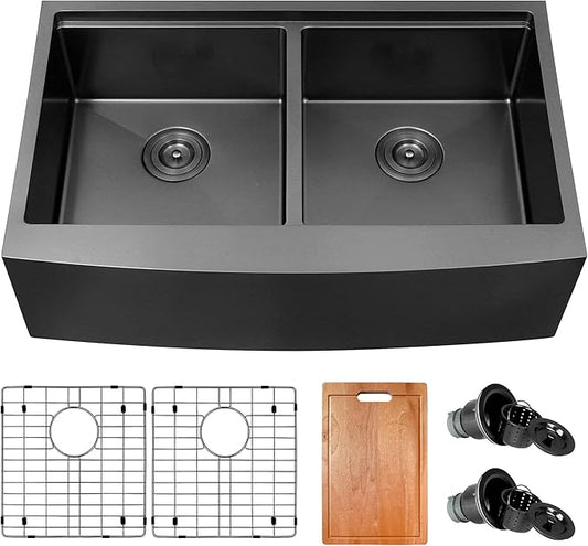 Black Farmhouse Sink 33" X 20",Black Kitchen Sink Double Bowl,33 inch Apron-Front Farmhouse Workstation Sinks,16 Gauge Stainless Steel Double Kitchen Sink
