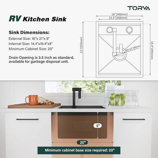 TORVA RV Kitchen Sink, 16 x 21 x 9 Inch Undermount Bar Sink 16 Gauge Stainless Steel Single Bowl Sink with Faucet Cutting Board, Dark Grey