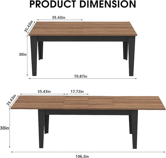 ODC 71" to 106" Extendable Dining Table, Expandable Large Kitchen Table Seats 6-10 People, Space-Saving Woodgrain Dining Room Table & Home Office Conference Desk, Walnut and Black