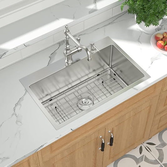 Mocoloo 28 Inch Drop In Kitchen Sink - 28 x 18 Stainless Steel Kitchen Sinks Topmount 16 Gauge Single Bowl Above Counter Handmade Sink, 10'' Deep Basin