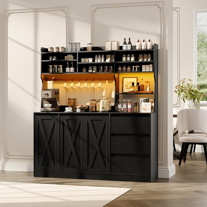 Loomie Farmhouse Sideboard Buffet Cabinet with Storage, 59" Kitchen Storage Cabinet with Power Outlet & LED Light, Coffee Bar w/Microwave Stand & Doors & Drawers & Hooks & Adjusted Shelves (Black)
