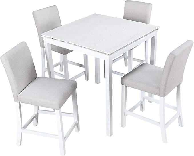 5 Piece Counter Height Dining Table Set for 4, Elegant Wooden Kitchen Table and 4 Upholstered Chairs with Crystal Decoration, Square Dining Table Set for Kitchen and Dining Room, White