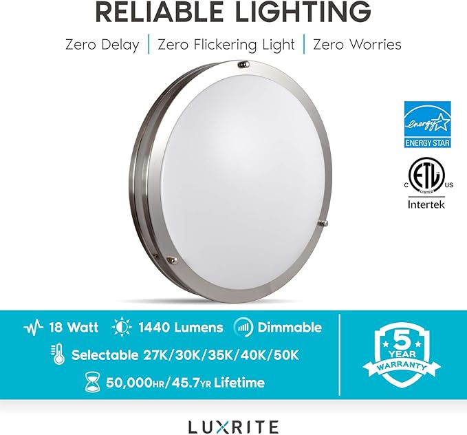 LUXRITE 14 Inch LED Flush Mount Ceiling Light, CCT Color Temperature Selectable 2700K | 3000K | 3500K | 4000K | 5000K, Dimmable Ceiling Light Fixture, 18W, 1440 Lumens, Energy Star, ETL Listed