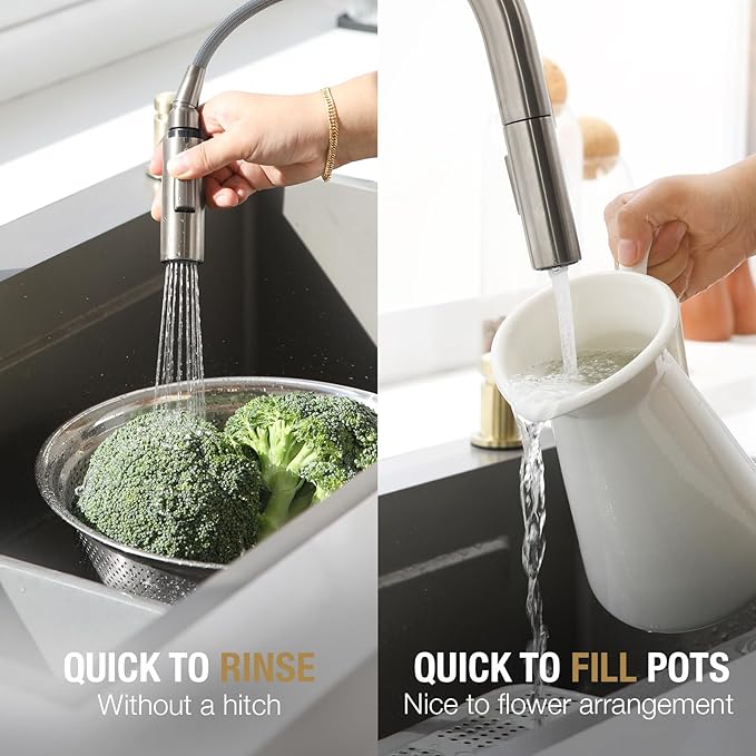 Lava Odoro Brushed Nickel Kitchen Faucet with Pull Down Sprayer, Modern Kitchen Sink Faucet Single Hole Faucet for Kitchen Sink with 2-Function Spray Head, KF1120-BN