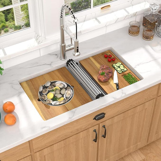 30 White Undermount Kitchen Sink-Granite Composite Single Bowl Workstation All-In One Classic Quartz Kitchen SInk with Mixing Bowl, Cutting Board and Pasta Strainer #TLGU-123
