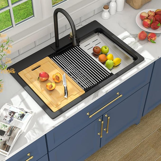 Lordear Black Waterfall Kitchen Sink Granite Composite 33x22 Drop In Kitchen Sinks Black Quartz Composite Single Bowl Multifunctional Workstation Topmount Sink with Pull Out Faucet