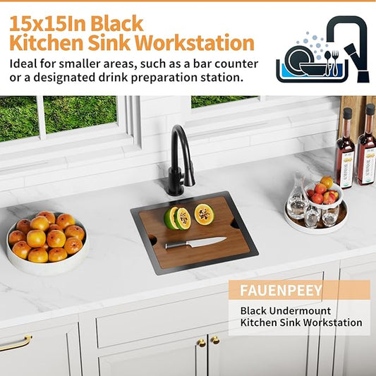 Black 15x15In Kitchen&Bar Workstation Sink- Small Stainless Steel Undermount Single Bowl Bar Sink Built-in Ledge Drop In Workstation Sink With SS Grid Cutting Board,Silicon Mat,Drain Assembly