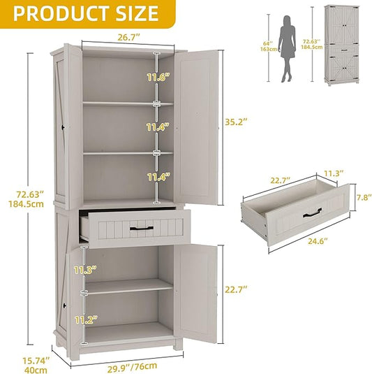 DWVO 72" Tall Farmhouse Pantry Cabinet, Kitchen Storage Pantry with Barn Doors & Drawer, Versatile Organizer with Adjustable Shelves, Rustic Cupboard for Dining Room, Living Room, White Oak