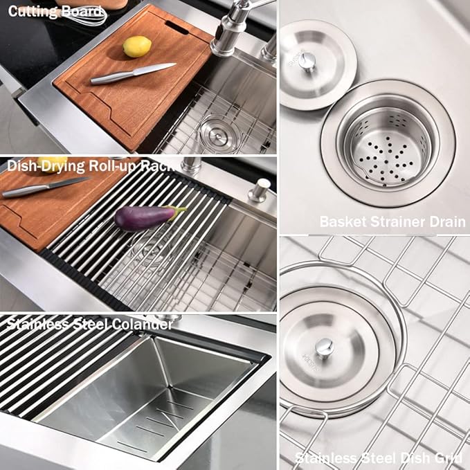 33 Inch Farmhouse Drop In Kitchen Sink Workstation - 33X22 inch Apron Front Kitchen Sink Workstation Single Bowl 16 Gauge Stainless Steel Farm Sink
